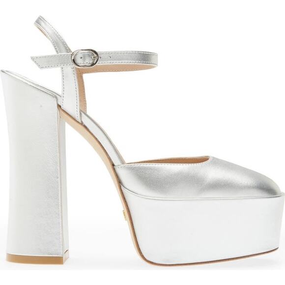 Stuart Weitzman Shoes - STUART WEITZMAN Skyhigh Metallic Ankle-strap Platform Pumps In Silver size 8.5